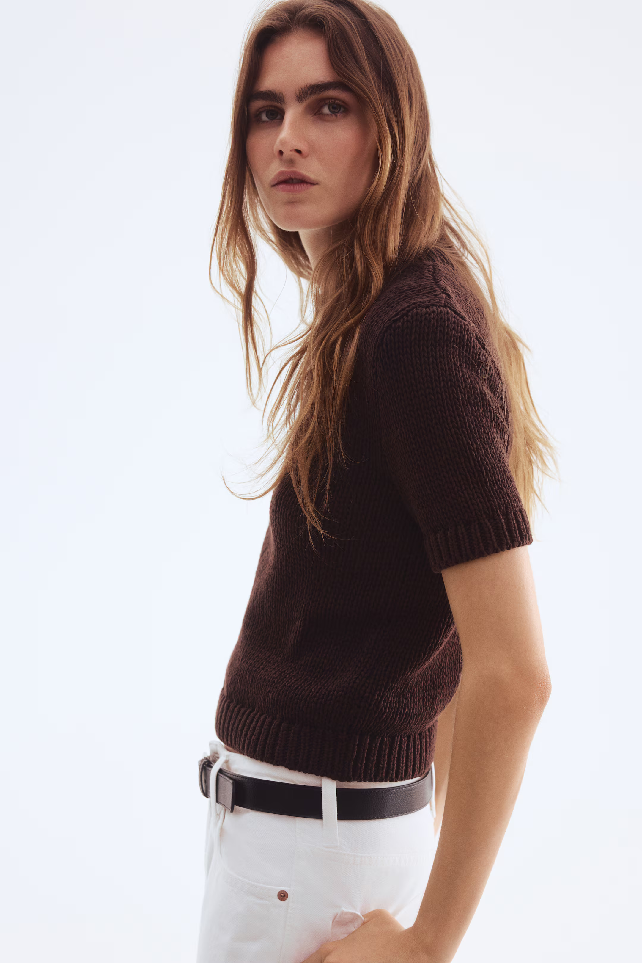 Knitted T-shirt - Dark brown - Ladies | H&M GB | H&M (UK, MY, IN, SG, PH, TW, HK)