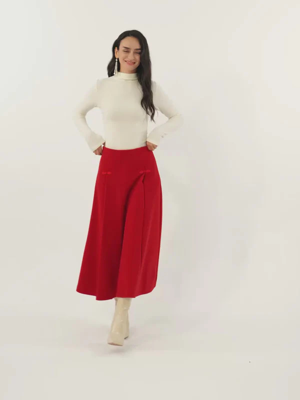 Wool-like Frog Button A-Line Midi Skirt | OGL