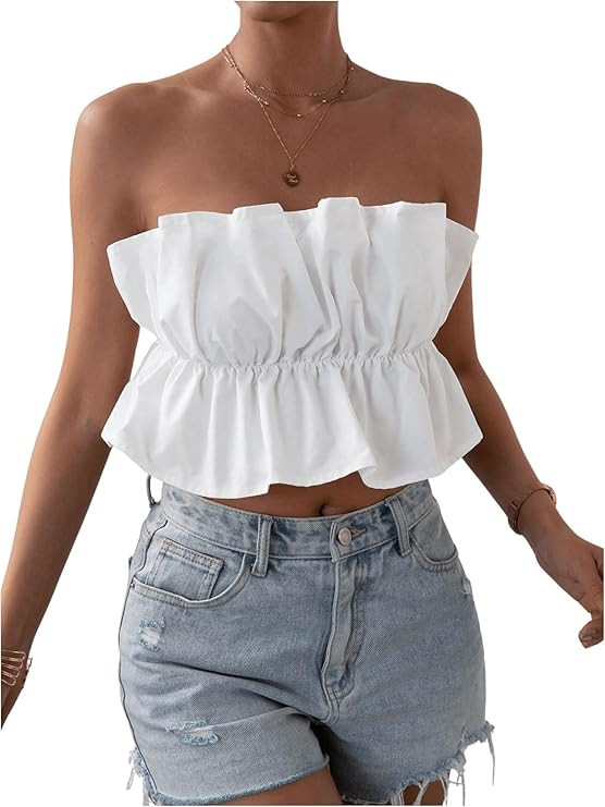 Women's Strapless Bubble Tube Tops Ruffle Open Back Sleeveless Cute Summer Bandeau Peplum Crop To... | Amazon (US)