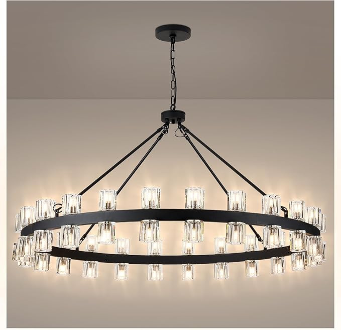 48 Inch Black Wagon Wheel Chandelier with Crystal Shade, 48 Lights, Modern Farmhouse Style, Ideal... | Amazon (US)