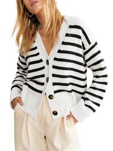 Saodimallsu Womens Striped Cardigan Sweaters V Neck Button Down Long Sleeve Open Front Ribbed Kni... | Amazon (US)