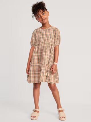 Puff-Sleeve Double-Weave Plaid Swing Dress for Girls | Old Navy (US)