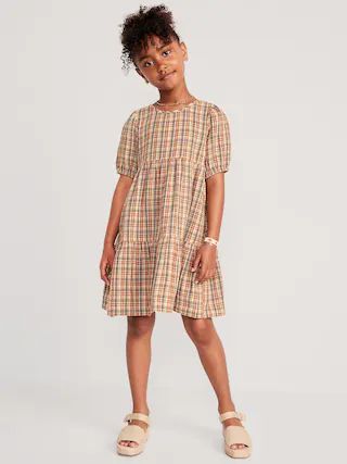 Puff-Sleeve Double-Weave Plaid Swing Dress for Girls | Old Navy (US)