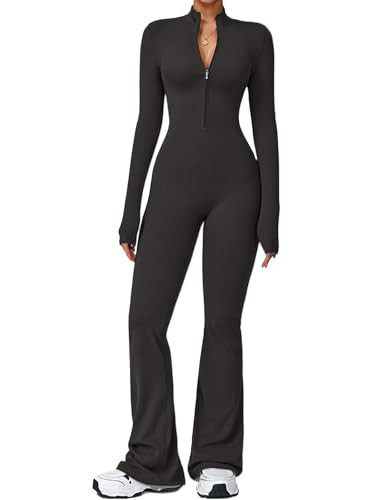 ECUPPER Women Long Sleeve Flared Jumpsuit Zip Up Romper One Piece Full Bodysuits Yoga Unitard Wide Leg Sexy Catsuit Dark Gray S | Amazon (US)