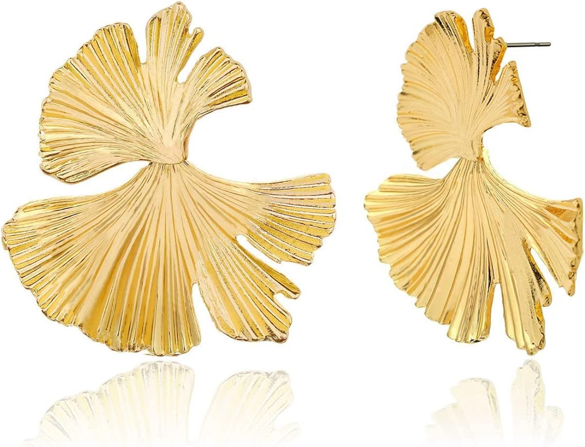 Amazon.com: Ginkgo Leaf Flower Earrings, Gold Statement Earring for Women Girls, 14K Gold Plated ... | Amazon (US)