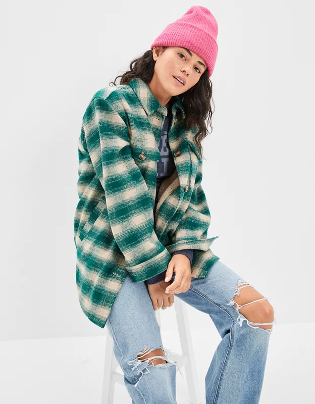 AE Sherpa-Lined Plaid Shacket | American Eagle Outfitters (US & CA)