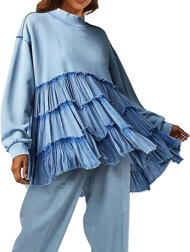 OLAPTA Women Patchwork Pleated Baggy Sweatshirt Colorblock Mock Neck Long Sleeve Drop Shoulder Pu... | Amazon (US)