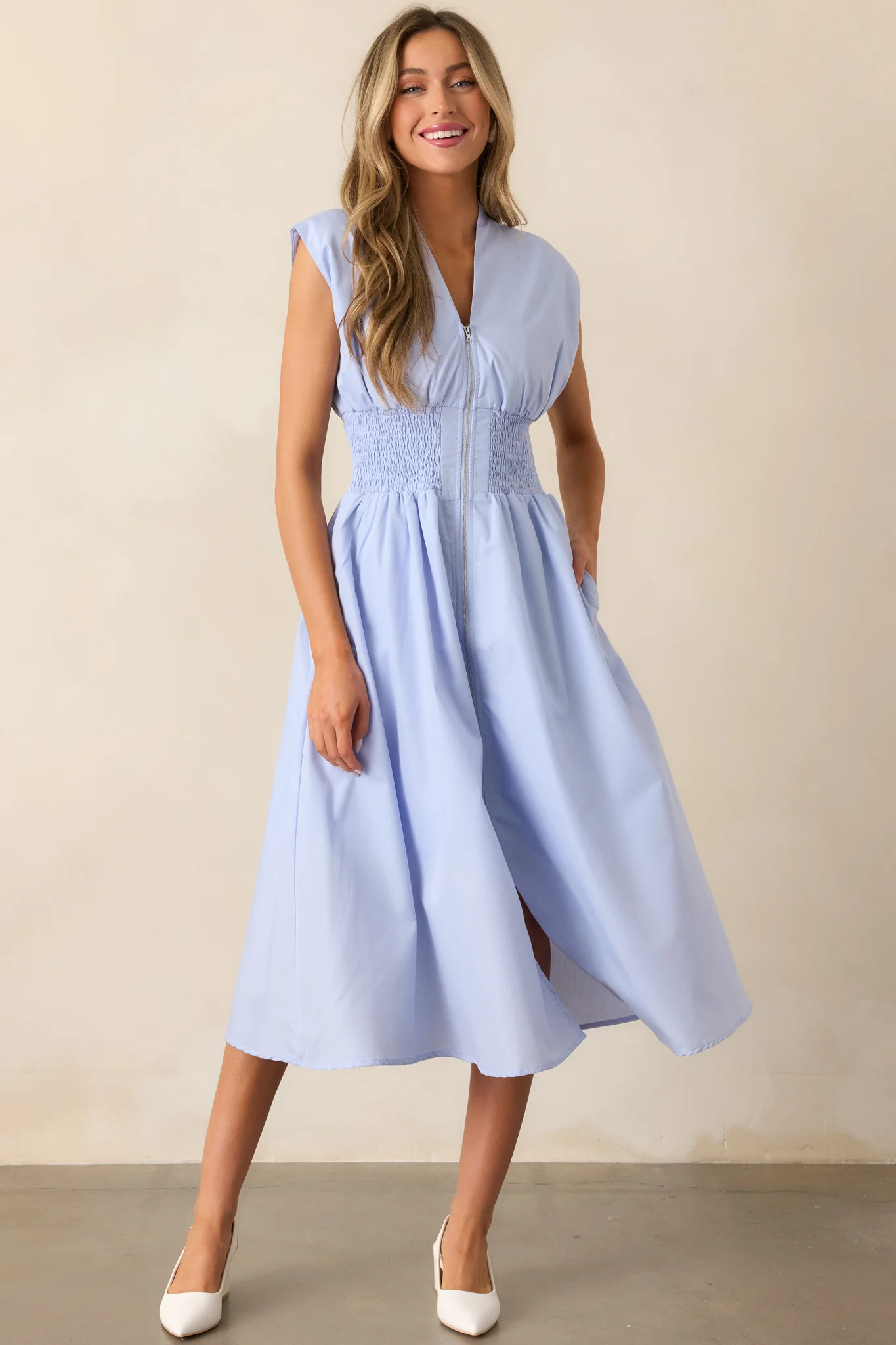 The Evette Baby Blue Zip Front Midi Dress | Red Dress