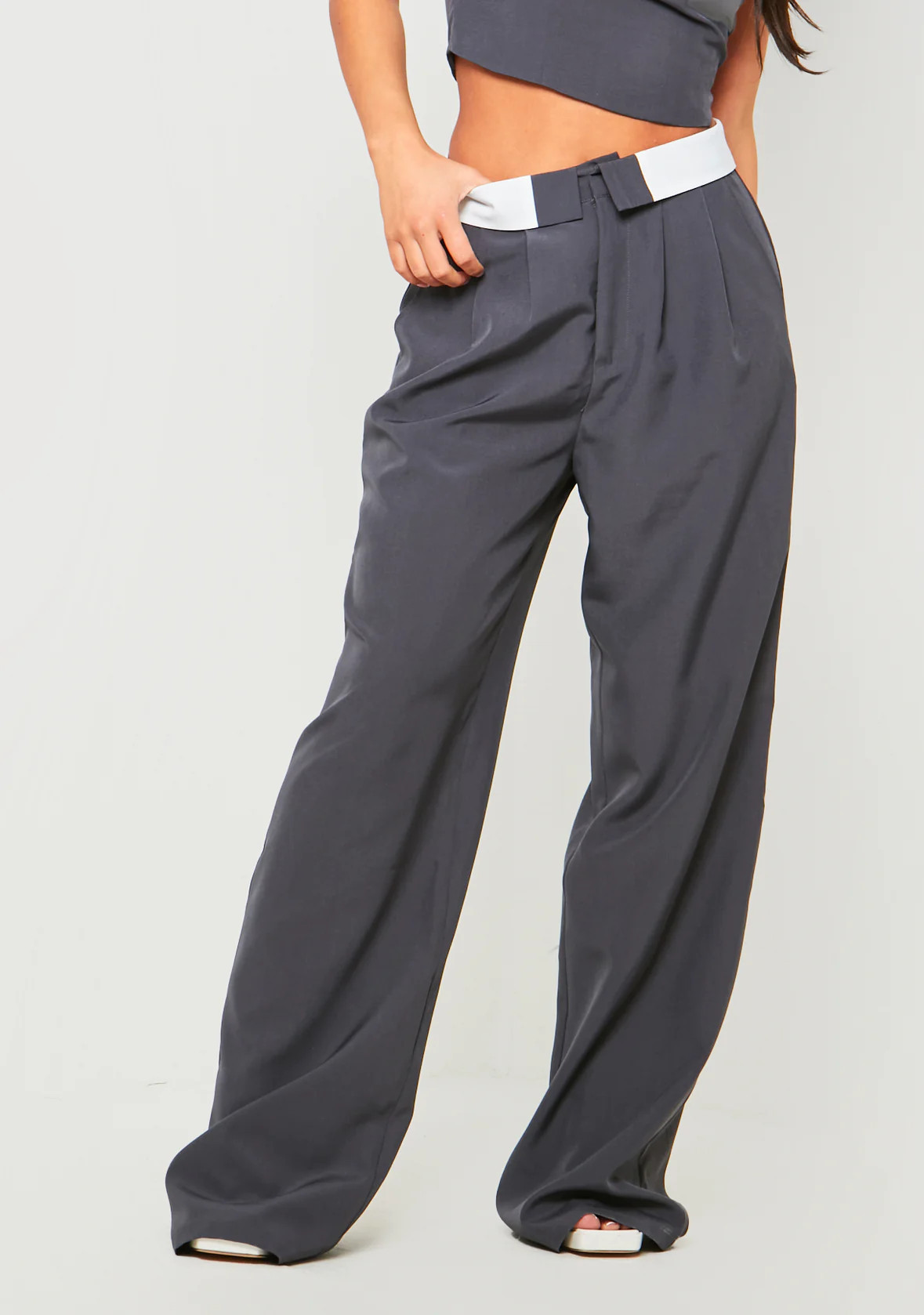 Gracie Charcoal Fold Over Waist Wide Leg Trousers | Missy Empire (UK)