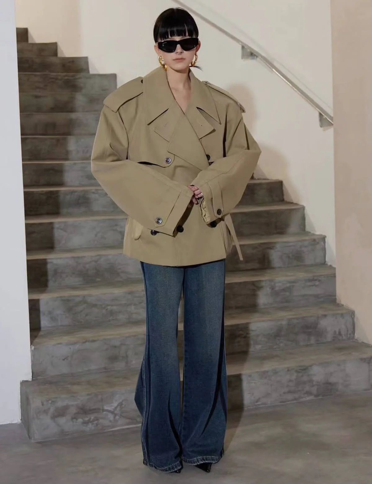 Oversized Cropped Twill Trench Coat-PREORDER | Pixie Market