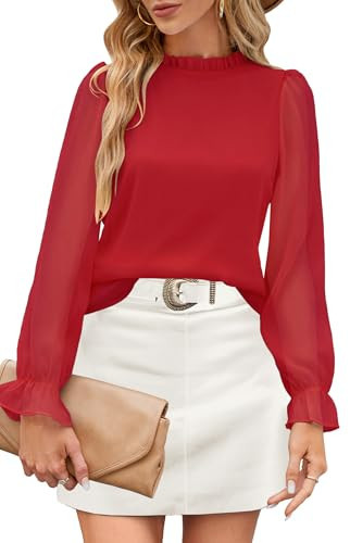 Aifer Red Shirts for Women Dressy Casual Trendy Long Sleeve Blouses Work Tops Festival Holiday Outfits Red XX-Large | Amazon (US)