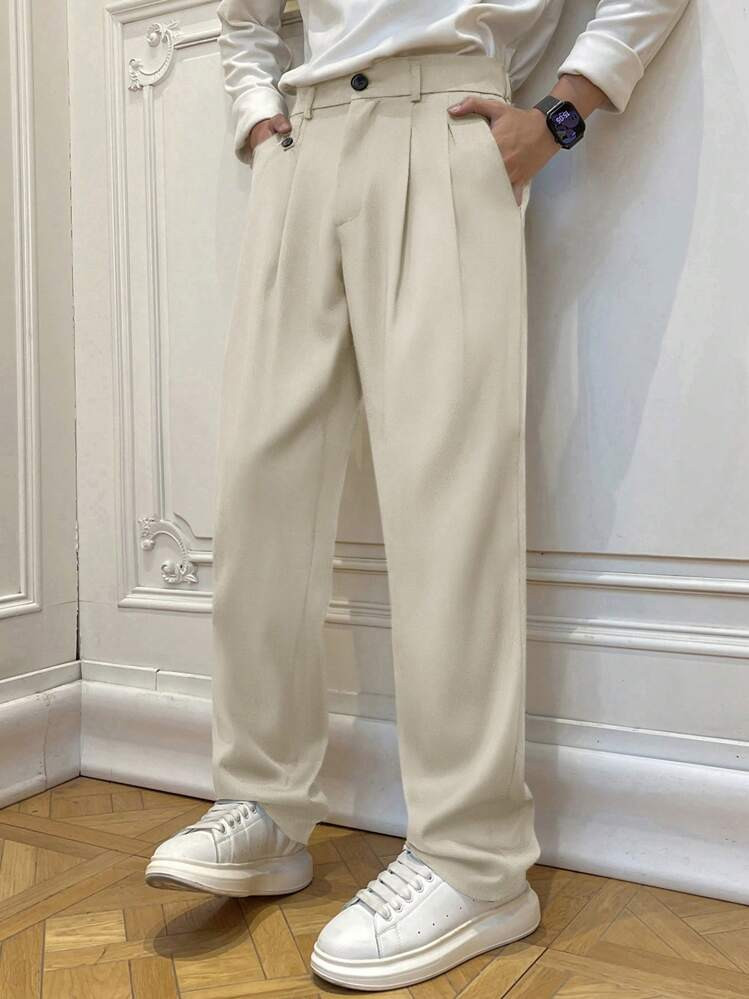 Claim Dot Men's Solid Color Pleated Pocket Loose Straight Casual Pants | SHEIN