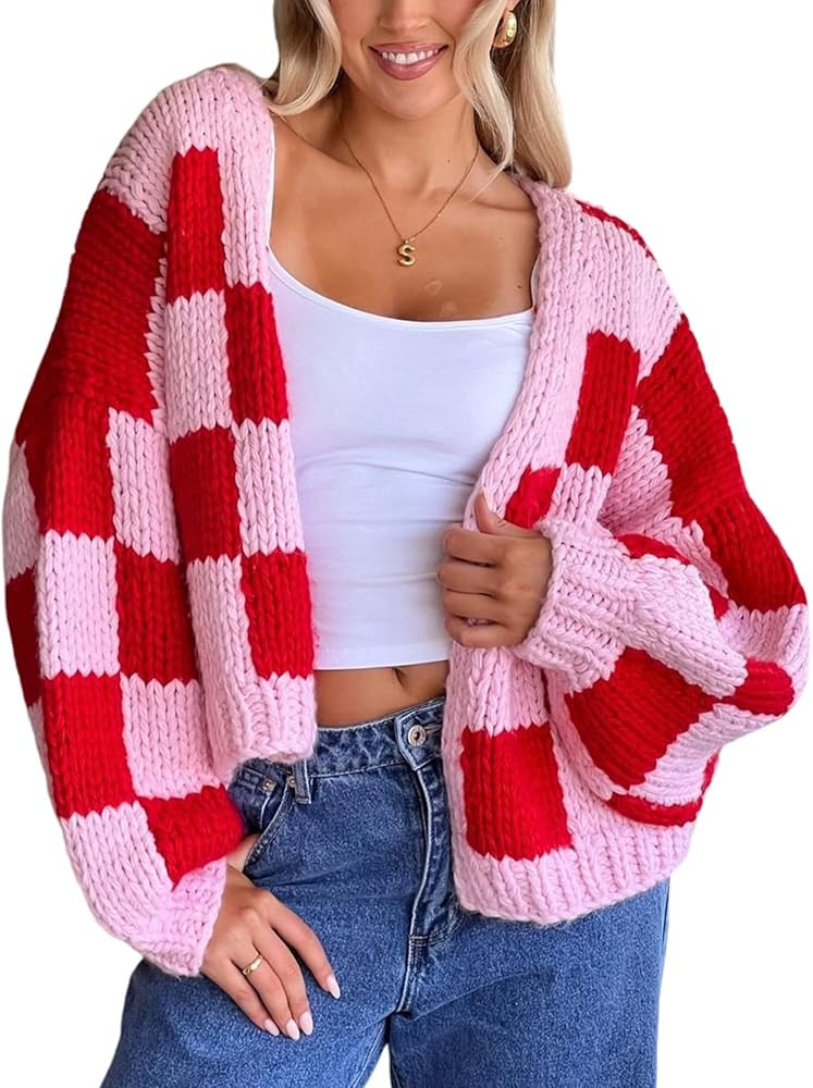 Yimoon Cropped Cardigan Sweater for Women Checkered Open Front Long Sleeve Cardigan Oversized Chu... | Amazon (US)
