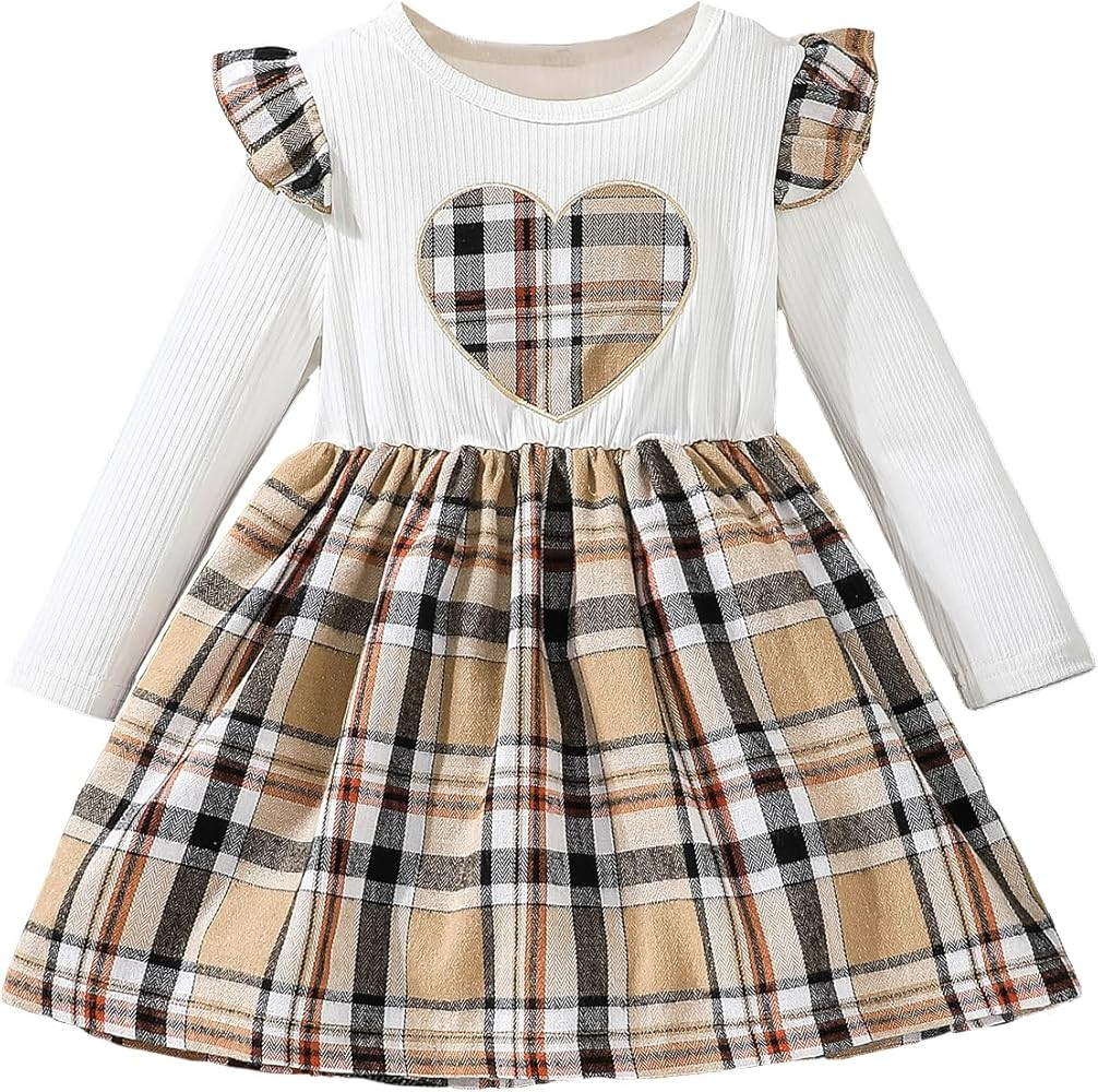WDIRARA Girl's Plaid Heart Print Round Neck Ruffle Trim Long Sleeve A Line Dress | Amazon (US)