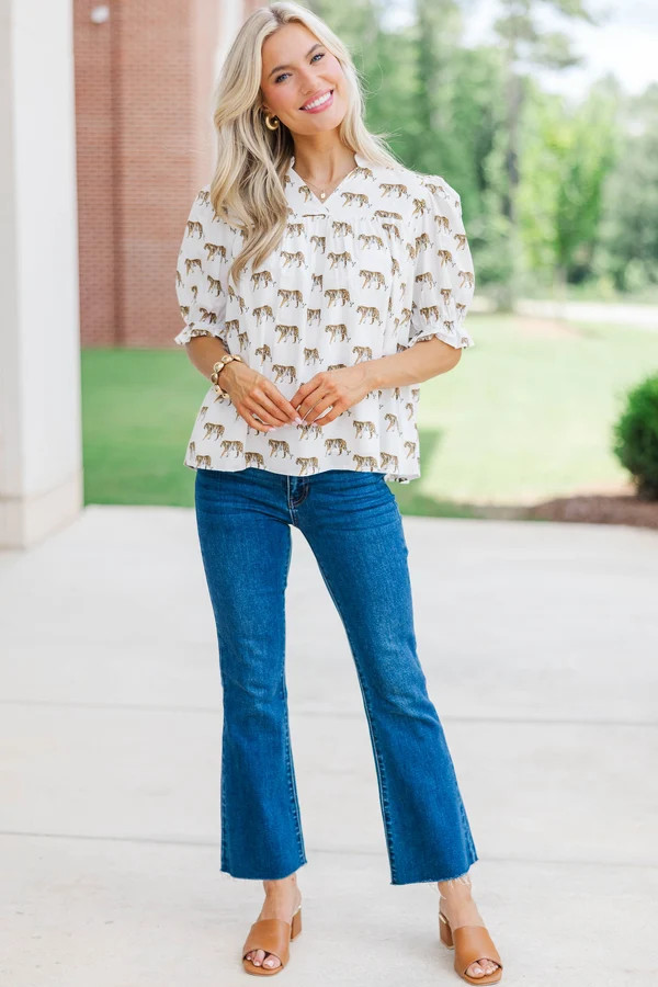 Can't Give You Up White Tiger Print Blouse | The Mint Julep Boutique