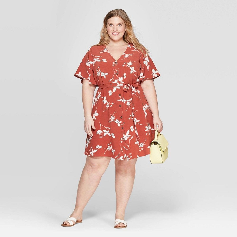 Women's Plus Size V-Neck Floral Print Button Front Dress - Ava & Viv Brown 2X | Target