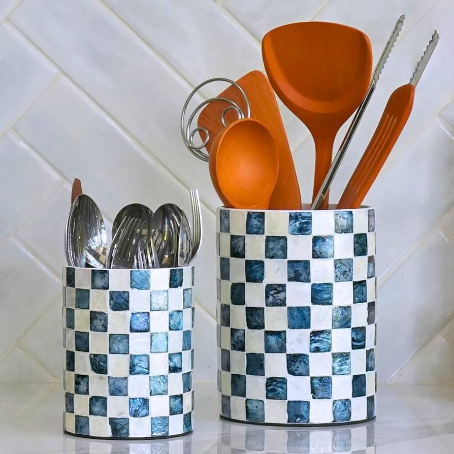 Chi An Home 7.4", 5.8" Capiz Shells Utensil Holder, Checkered Utensil Holder for Countertop, Uten... | Amazon (US)