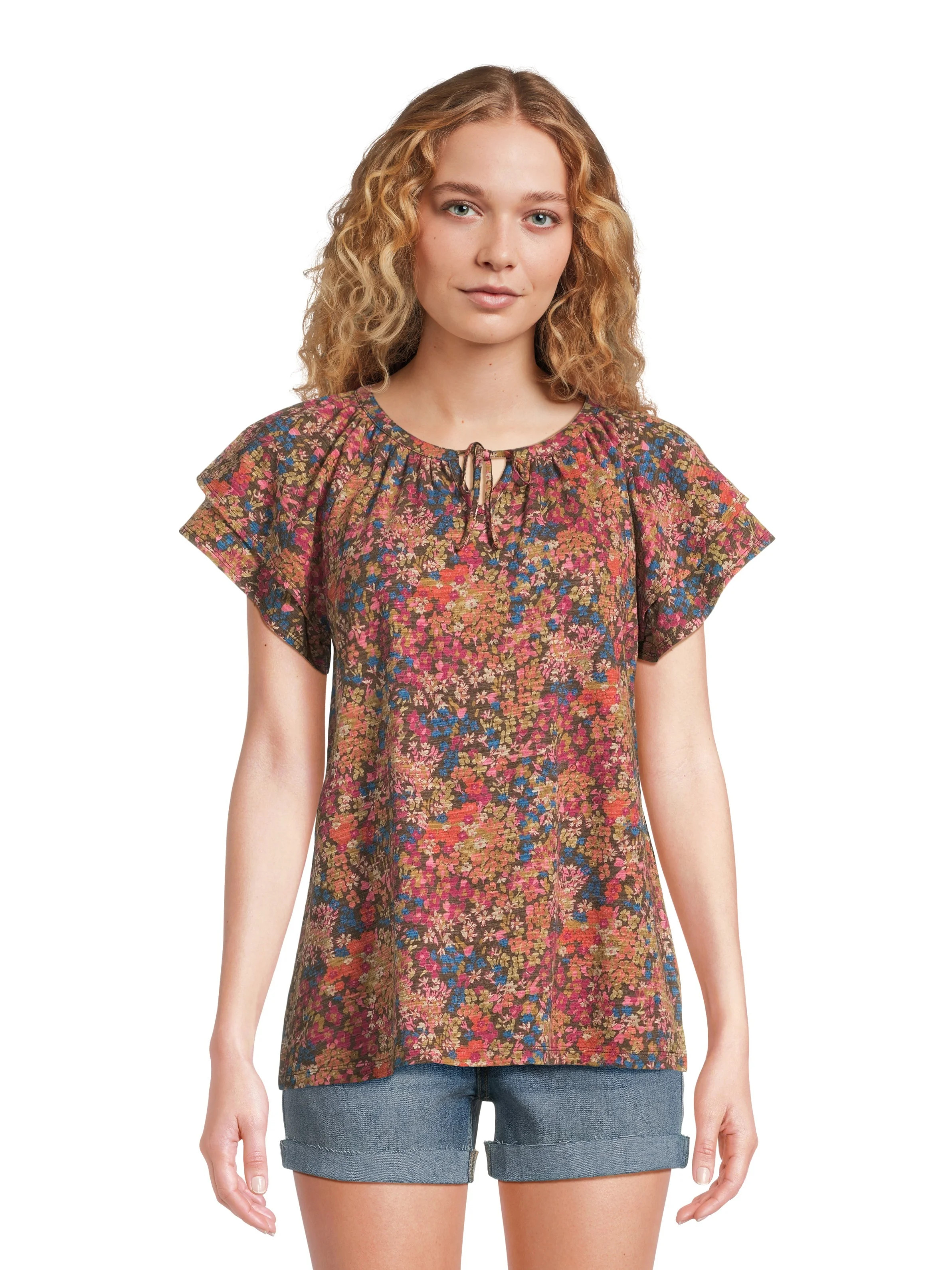 Time and Tru Women's Cotton Flutter Sleeve Tee, Sizes XS-XXXL - Walmart.com | Walmart (US)