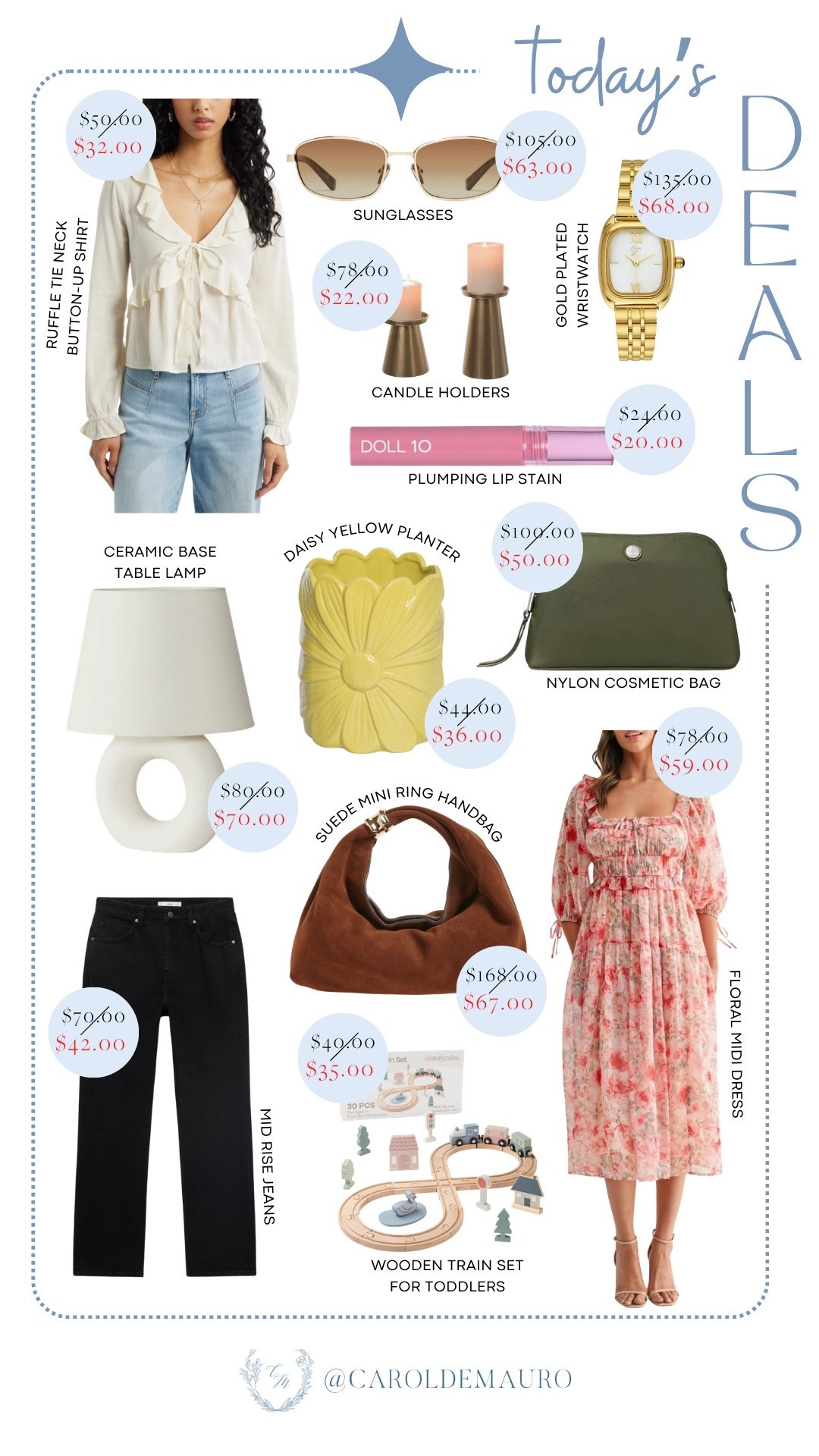 Refresh your style and home with today’s deals! Grab the floral midi dress, ruffle tie-neck button-up shirt, mid-rise jeans, and gold-plated wristwatch. Complete the look or find the perfect gift with savings on sunglasses, a suede mini ring handbag, a nylon cosmetic bag, plumping lip stain, a ceramic-base table lamp, daisy-yellow planter, candle holders, and a wooden train set for toddlers.

on sale now, spring look, fashion accessories, home decor, beauty finds, kids toy, entryway inspo, home styling

#LTKHome #LTKSaleAlert #LTKootd