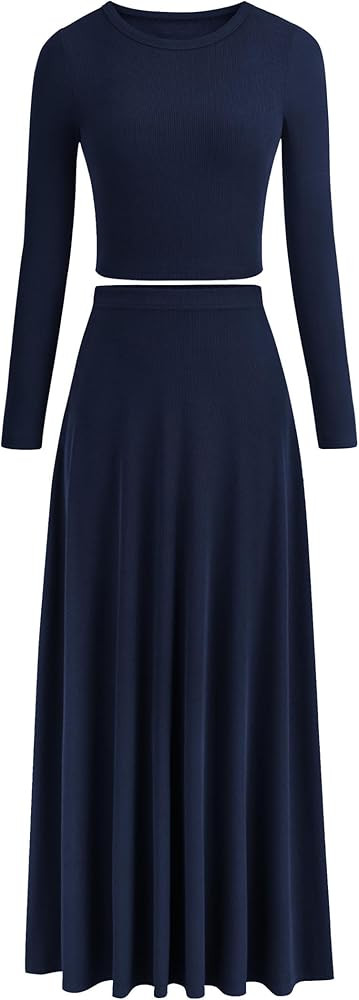 PRETTYGARDEN Women's 2 Piece Outfits Dressy Casual Ribbed Knit Long Sleeve Crop Tops Maxi Flowy S... | Amazon (US)