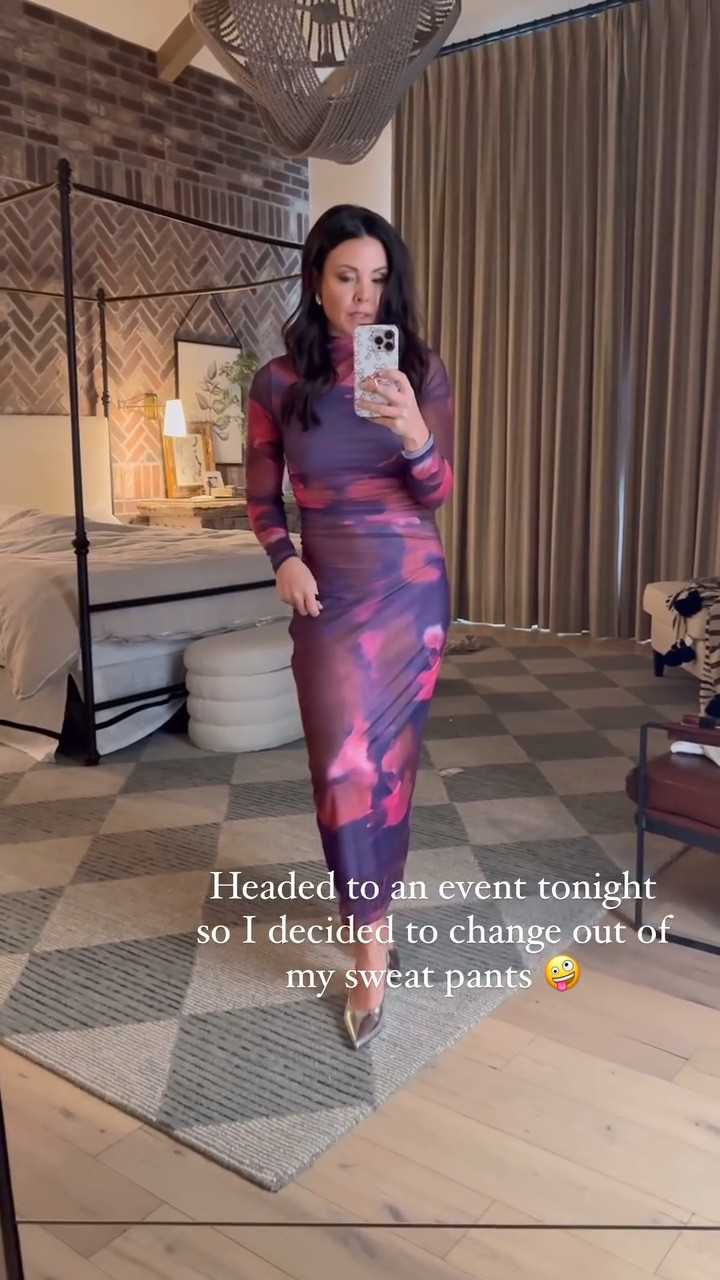 Headed to an event tonight so I decided to change out of my sweat pants 🤪

I love this watercolor mesh long sleeve dress. Wearing small and comes in lots of colors. It’s stretchy, fully lined and has tummy ruching. Very flattering dress. 
Crome heels with silver earrings to complete the look. 

#LTKWedding #LTKShoeCrush #LTKFindsUnder50