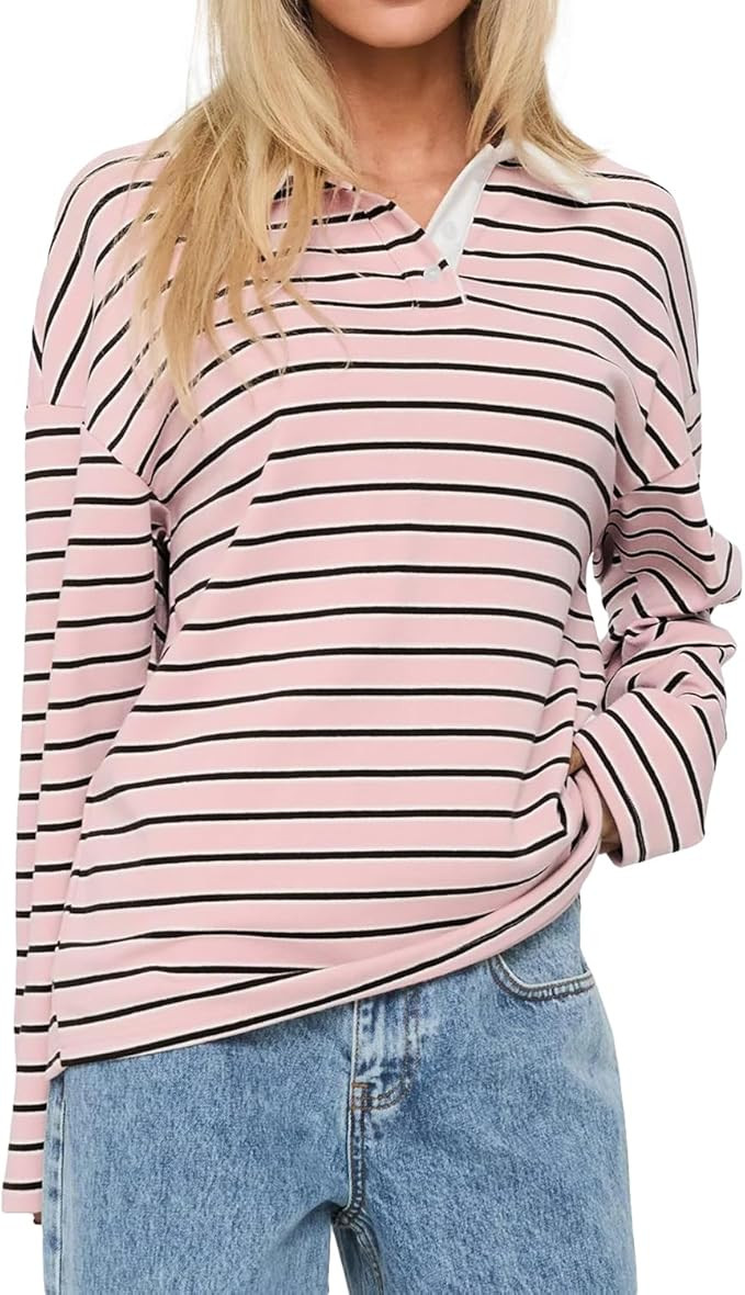 Cioatin Women Oversized Y2K Striped Rugby Polo Shirt Tops Long Sleeve Button Collar Sweatshirt Pr... | Amazon (US)