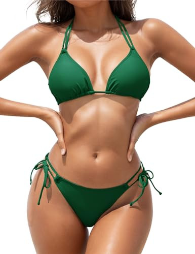 Zuvebamyo Women's Triangle Bikini Sets Two Piece Double Straps Halter Swimsuit Tie Side String Ch... | Amazon (US)