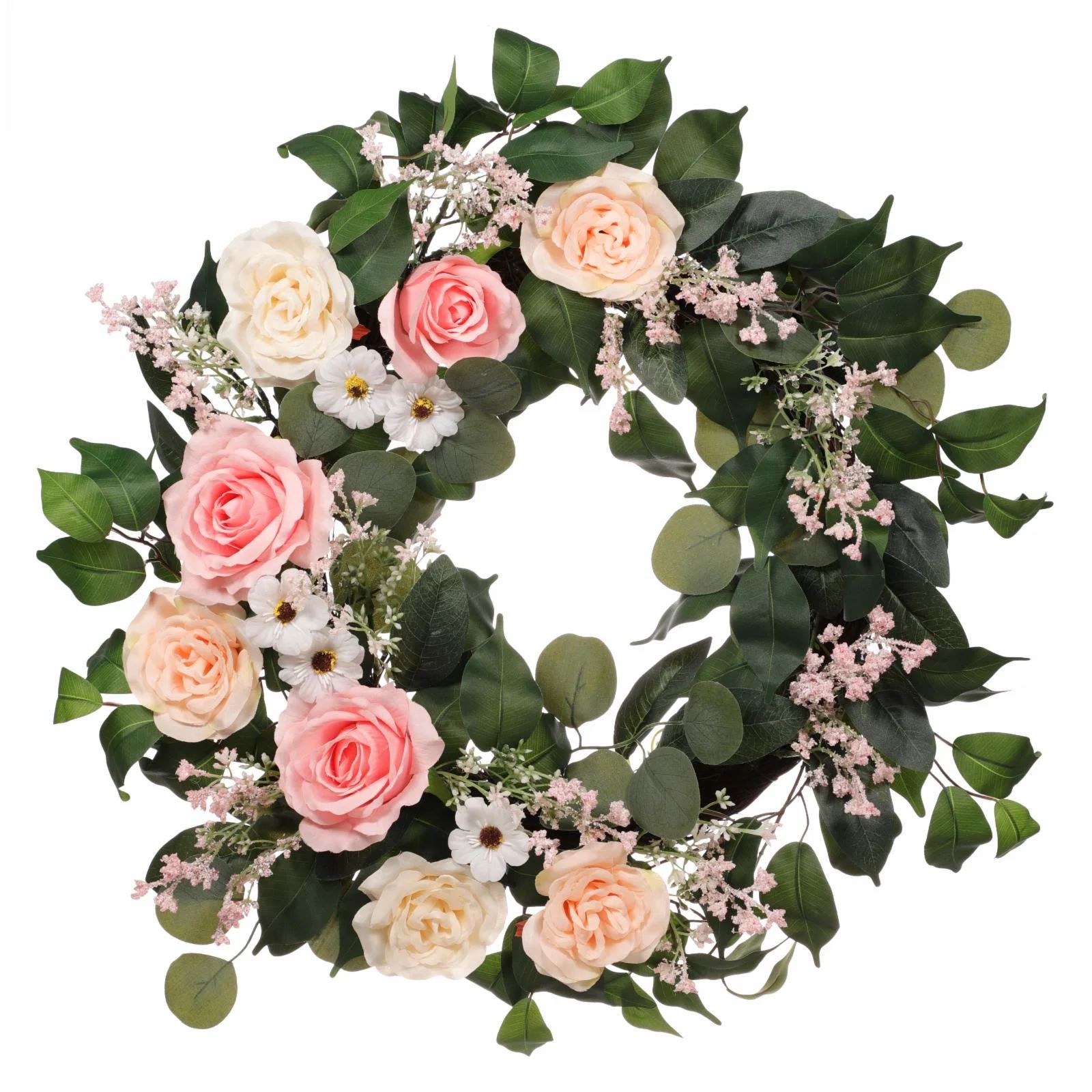 Puleo International 24 in. Artificial Rose, Camellia, Baby's Breath Floral Spring Wreath with Gre... | Walmart (US)