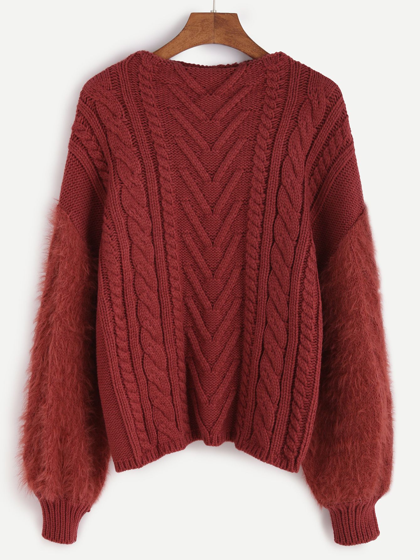 Rust Drop Shoulder Fuzzy Sleeve Cable Knit Sweater | SHEIN