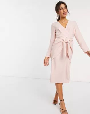 ASOS DESIGN wrap front midi dress with tie waist in dusky pink | ASOS (Global)