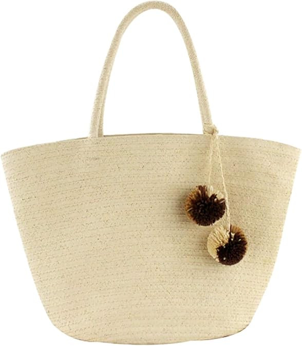 Women Large Beach Straw Shoulder Bag With Pompoms Hand-Woven Summer Beach Straw Totes | Amazon (US)