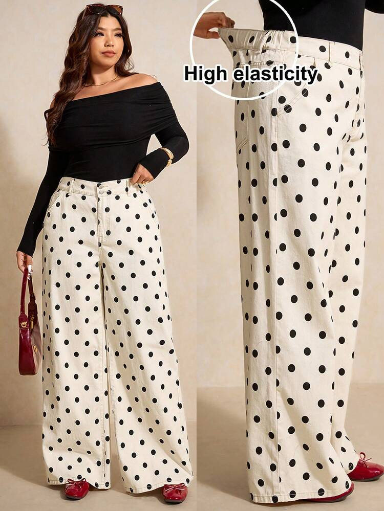 Elaquor Plus Size Apricot Jeans Autumn High Waist Straight Legs Comfortable Elastic Waistband French Elegant Polka Dot Pattern Plus Size Wide Leg Pants Wide Leg Pants Curve Plus Size Women Clothes Plus Size Pants Flare Pants Plus Size | SHEIN