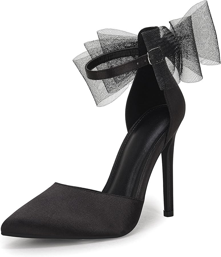 Coutgo Women's Closed Pointed Toe High Heels with Bow Knot Ankle Strap Satin Stiletto Pumps | Amazon (US)