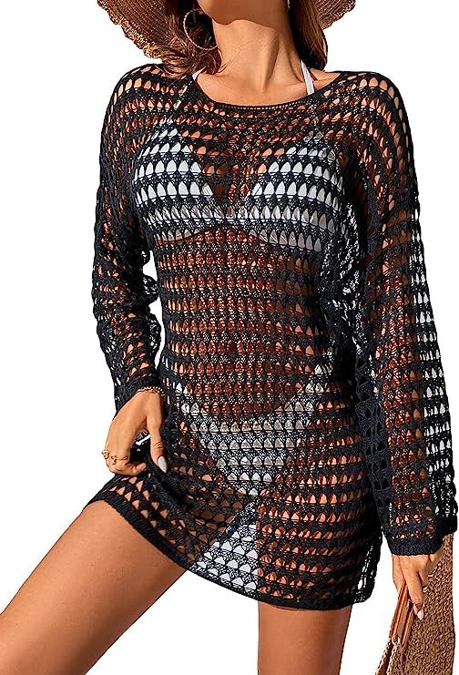 MakeMeChic Women's Crochet Cover Up Long Sleeve Knitted Beach Swimwear Cover Ups Dress | Amazon (US)