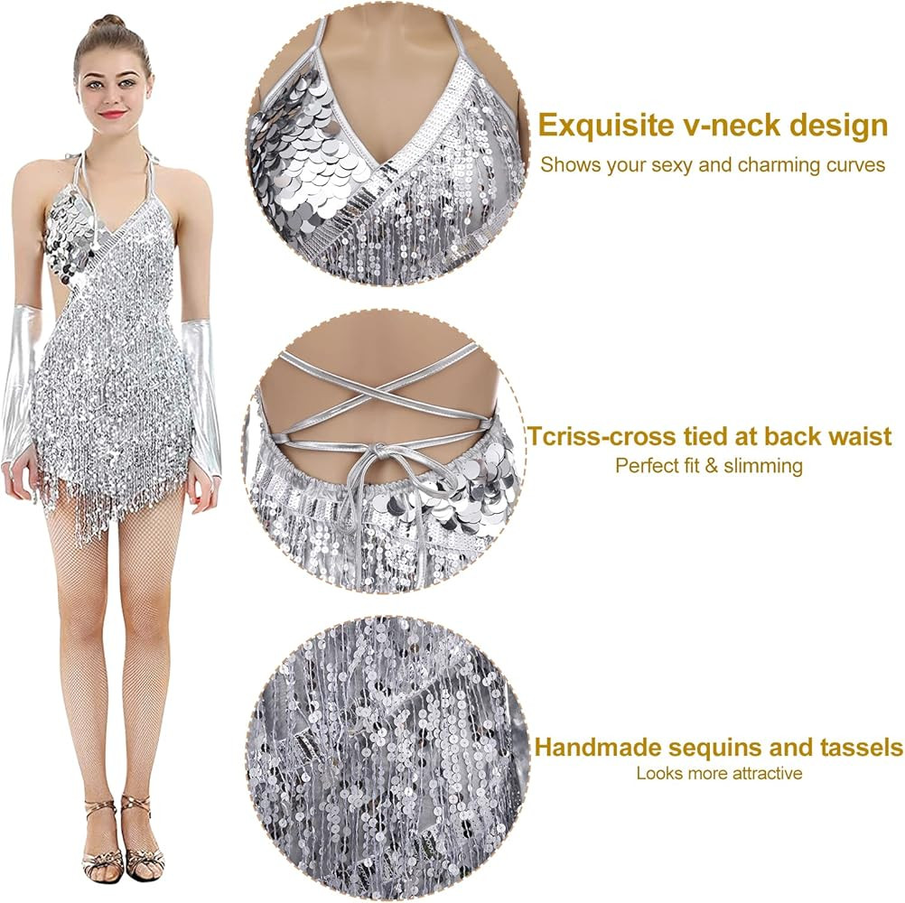 iMucci Paillette Tassel Latin Dance Dress Samba Costumes Women Dresses Ballroom | Amazon (US)
