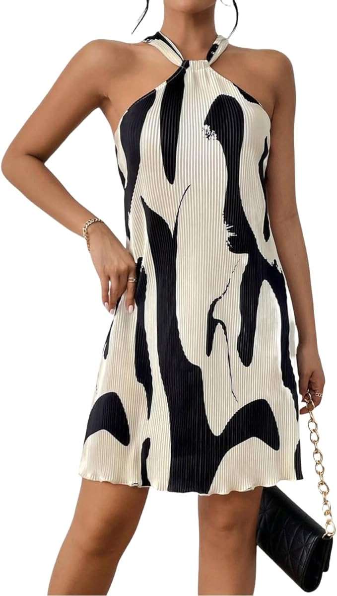 LIGHT DOT Women's Summer Dress Printed Halter Neck Mini Casual Pleated Sundress Party Date Vacati... | Amazon (US)