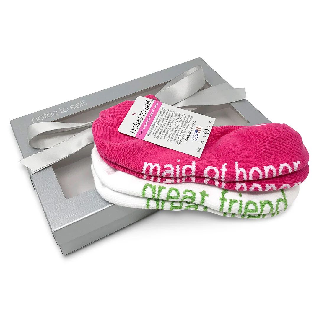 I am beautiful™ - maid of honor + I am a great friend® socks in silver gift box | notes to self