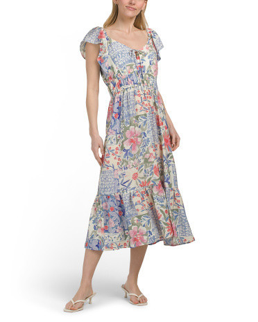 Flutter Sleeve Floral Midi Dress For Women, Nylon/Polyester/Rayon | TJ Maxx