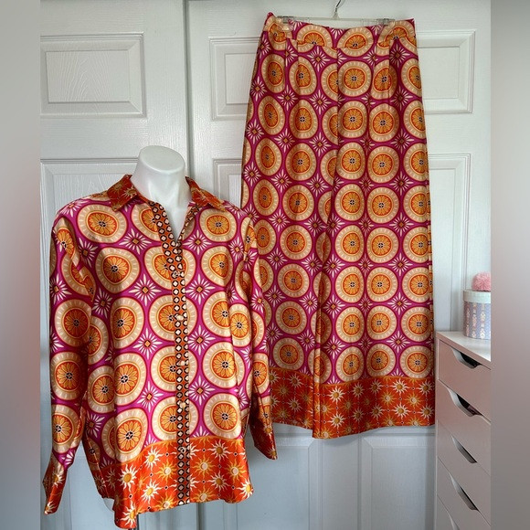 House of Harlow 1960 Vibrant Orange and Pink Sun and Retro Patterned Pants Set | Poshmark