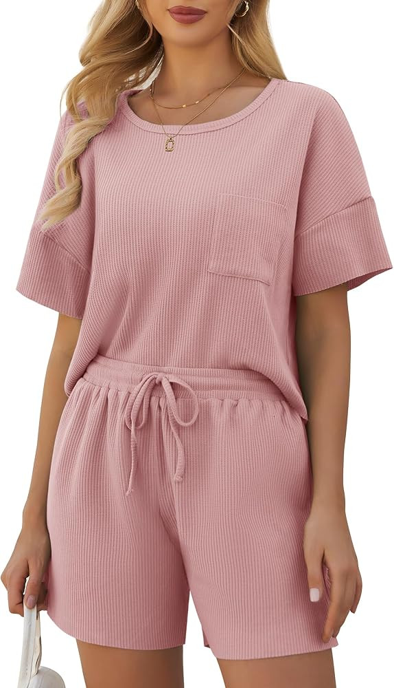 WESIDOM Women's 2 Piece Outfits Waffle Lounge Sets Casual Short Sleeve Shirts Shorts Cozy Pajamas... | Amazon (US)