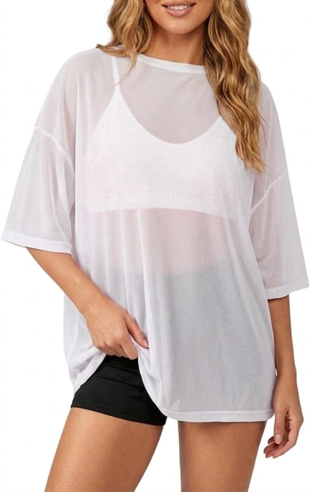 Women's Sheer Mesh T-Shirt Oversized Short Sleeve See Through Cover Up Tops | Amazon (US)