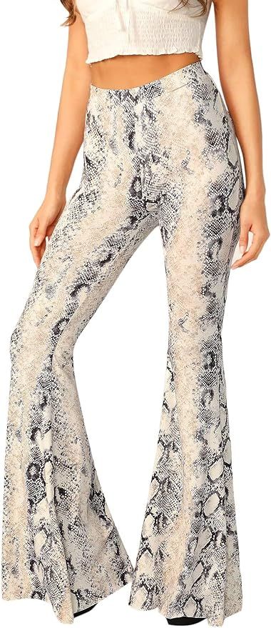 WDIRARA Women's Snakeskin High Waist Casual Flare Bell Bottom Stretch Long Pants | Amazon (US)