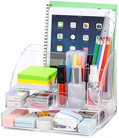 Upgraded Acrylic Desk Organizer, All in One Office Supplies Desk Accessories Caddy with 2 Drawer for | Amazon (US)