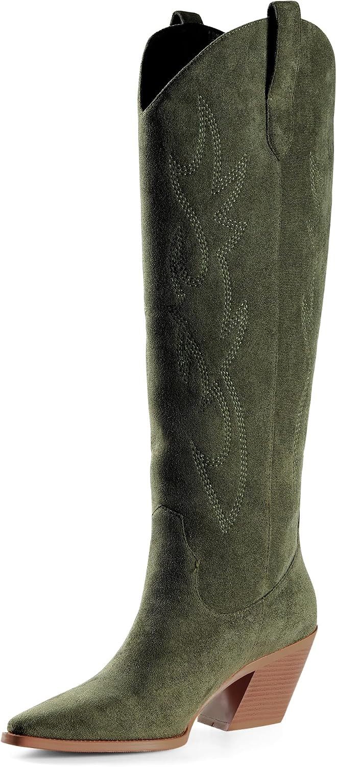 Cowgirl Boots Women Knee High Boots Pointed Toe and Block Heel Cowboy Suede and Faux Leather Boots with Embroidered | Amazon (US)