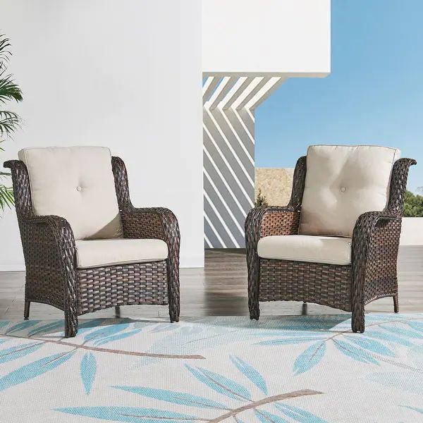 Outdoor Wicker High Back Club Chair with Cushions (Set of 2) - Overstock - 35666335 | Bed Bath & Beyond