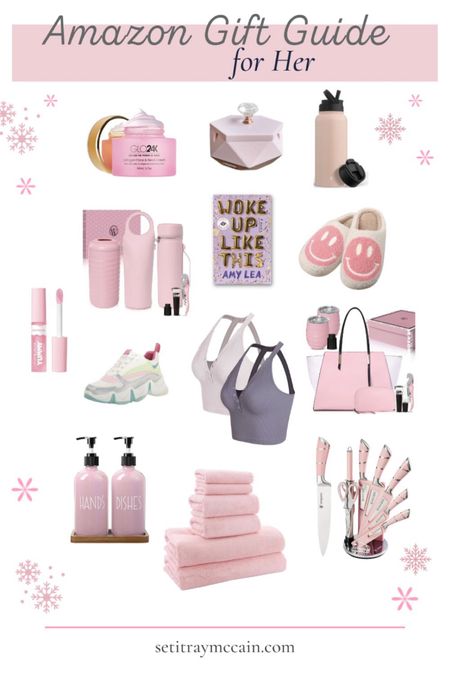 Amazon gift guide for her. Pink gifts, pink towels, pink slippers, happy face slippers, pink kitchen accessories, pink ashtray, pink tumbler, pink and purple crop tops, amazon books, amazon skincare, pink outfits, pink favorites, pink must-haves, amazon pink stuff, daily finds. Wedding gifts, birthday gifts, pink birthday, pink bathroom towels, pink seamless crop tops, purple seamless top, Steve Madden shoes, wedding shower, bridal gifts, birthday party, Barbie Inspired, pink lip gloss, purple water bottle, gym shoes, picnic bag, soap dispenser, pink lovers, pink kitchen knife set, fuzzy slippers.

#LTKsalealert #LTKHoliday #LTKGiftGuide