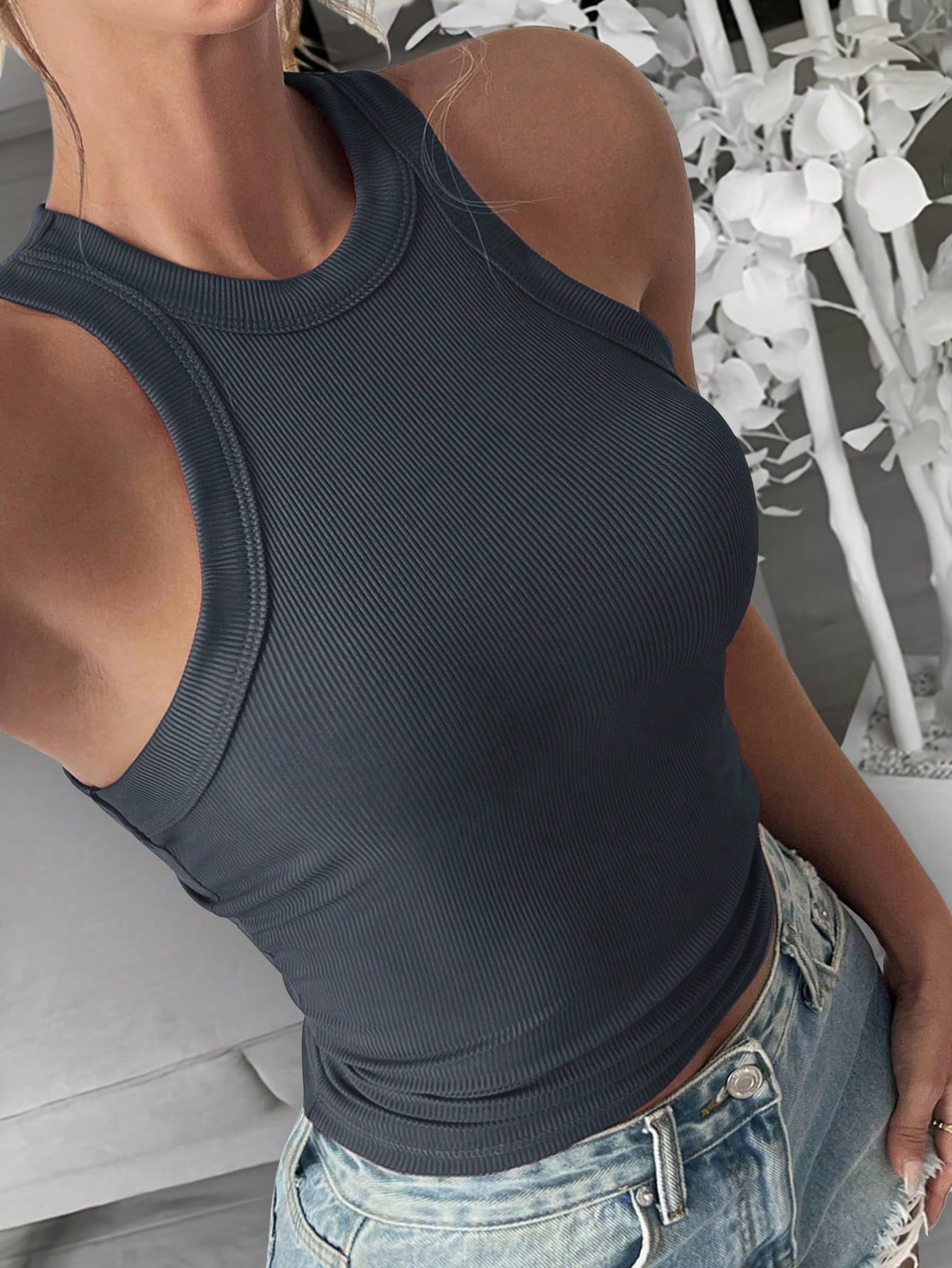 SHEIN Essnce Women Summer Solid Color Crew Neck Ribbed Casual Tank Top | SHEIN | SHEIN