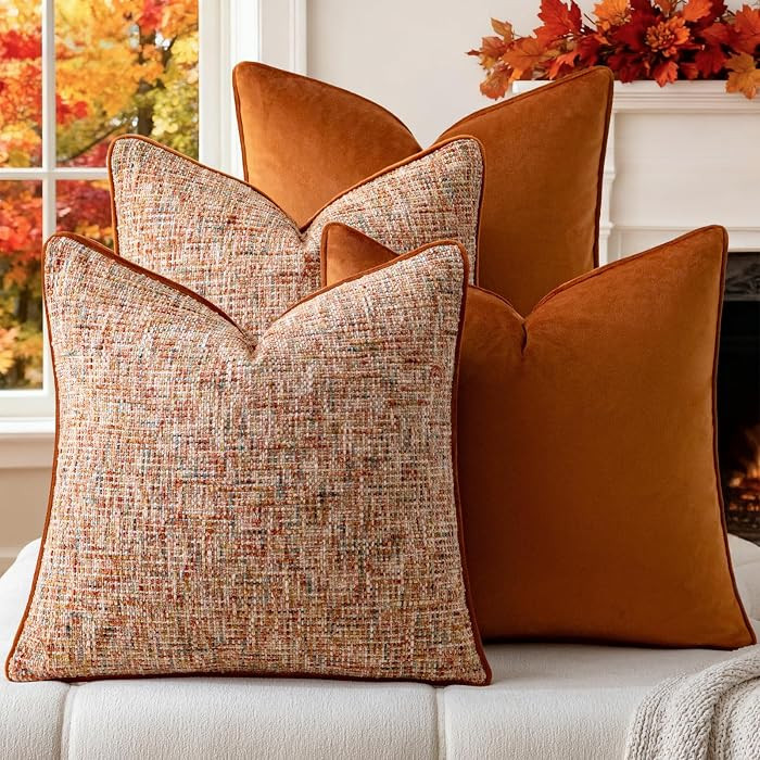 Fall Orange 4 Pack Throw Pillow Covers - Chenille & Velvet Set with Piping, Farmhouse Textured De... | Amazon (US)