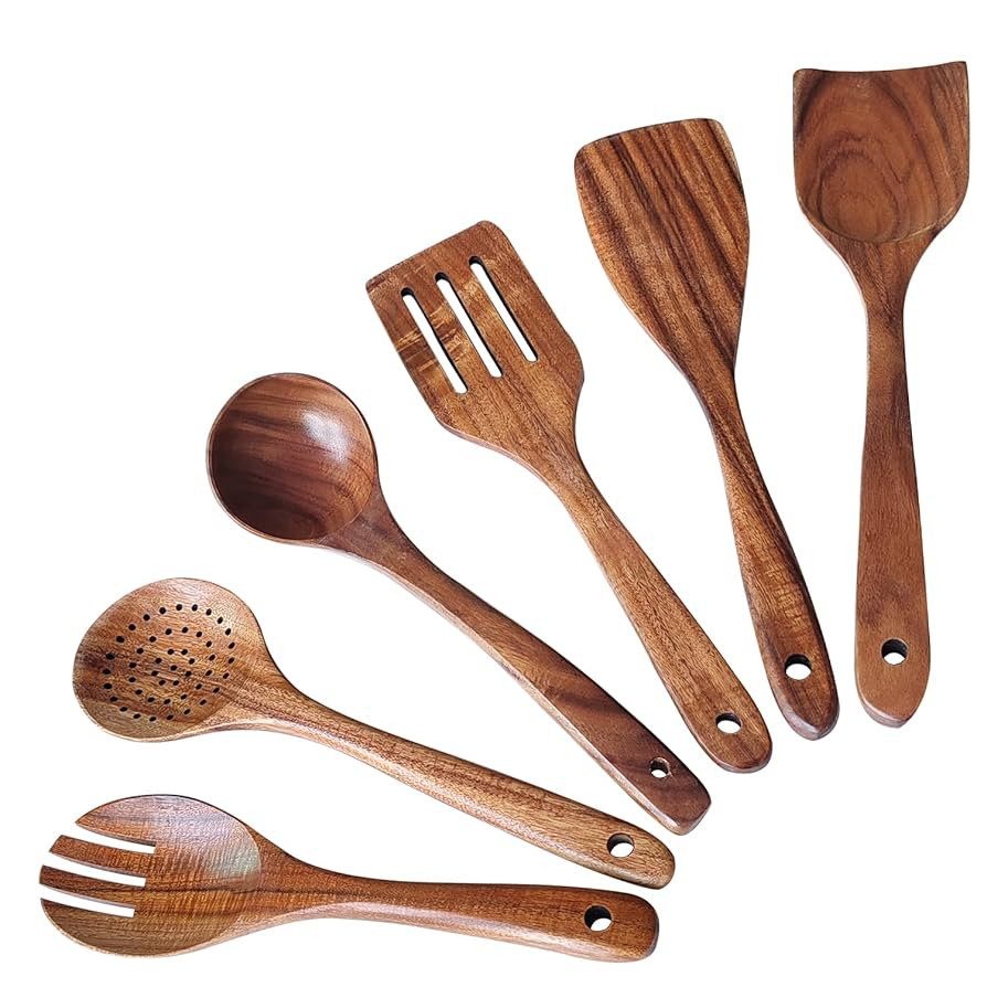 Wooden Spoons for Cooking 6 Piece, Natural Teak Kitchen Utensils Spatula, Smooth Finish Wooden Co... | Amazon (US)