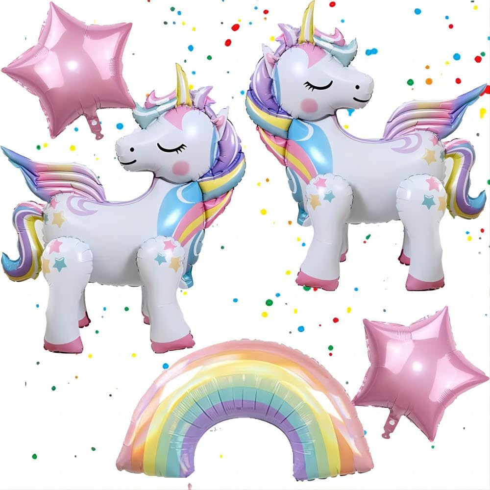5 Pcs Self Standing Unicorn Balloons - 3D Rainbow and Star Foil Balloons for Birthday Party Decor... | Amazon (US)